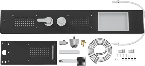 Zwart douchepaneel, platliggend, met alle onderdelen voor installatie.