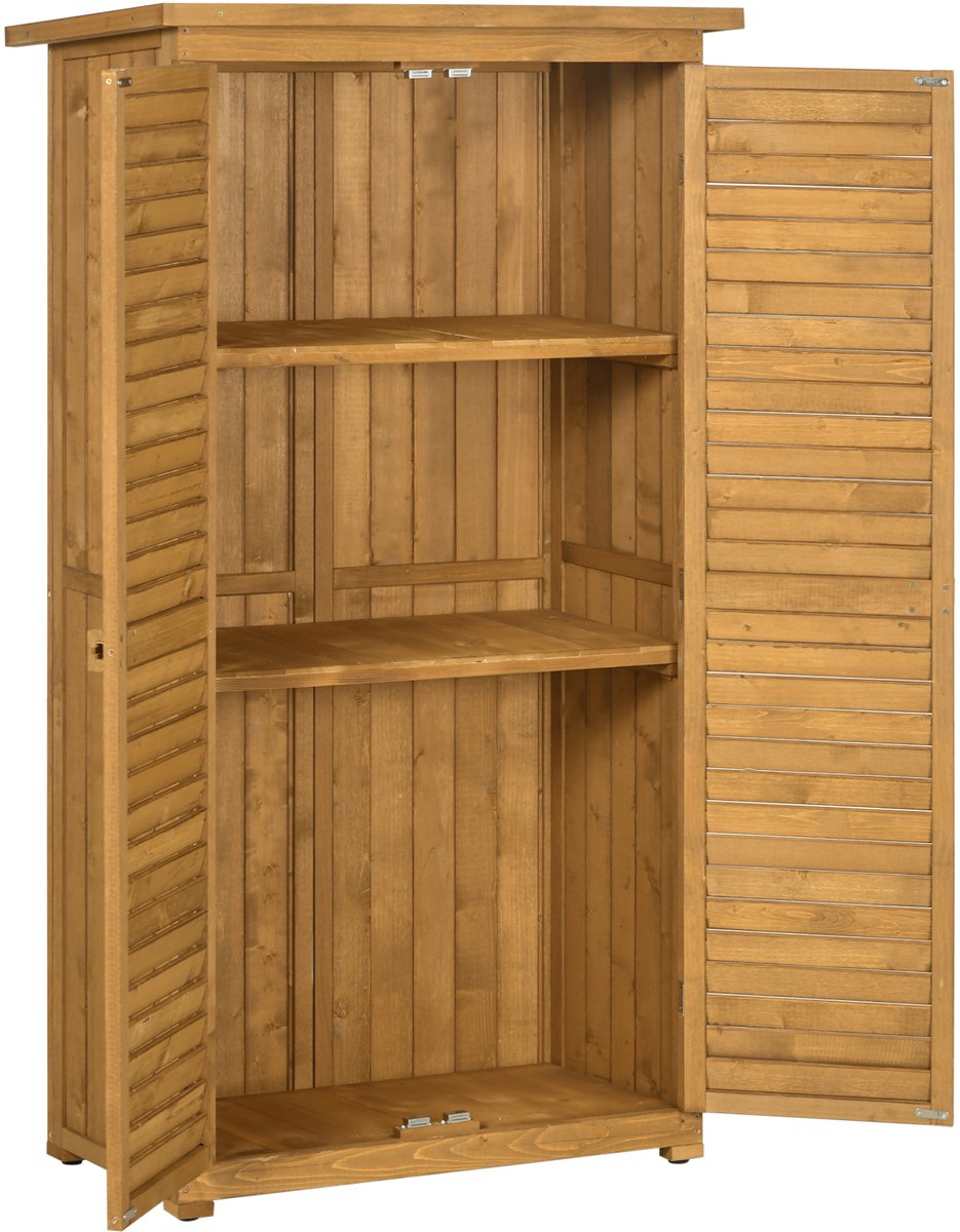 Houten tuinkast - Buitenkast met bitumen dak - 87 x 46.5 x 160 cm - Gereedschapskast met 3 planken - tuinhuisje met lamellen - Natuurlijk hout