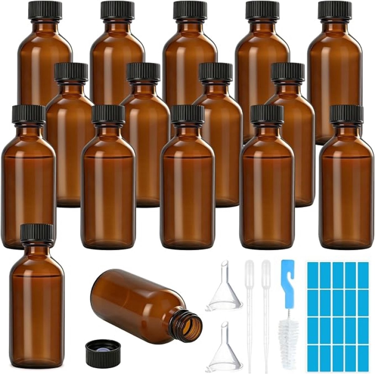 16 amberkleurige glazen flesjes 60 ml met zwarte deksels, trechters, pipetten, reinigingsborstel en etiketten - bruine apothekersflesjes voor zelfgemaakte extracten, etherische oliën en aromatherapie