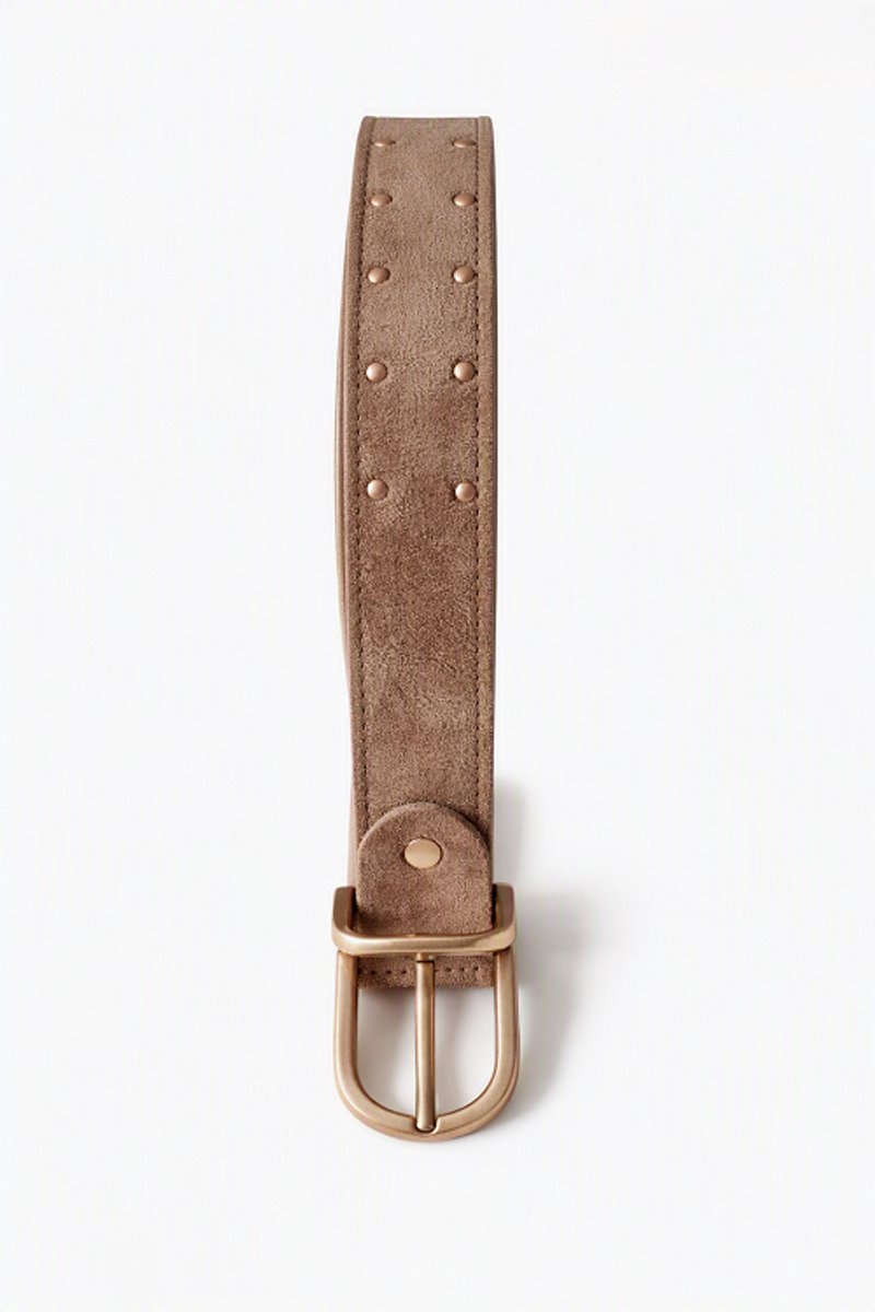 SH-Leer met Suèdine-dames riem-met studs-gouden gesp-Zand -85-90-95-100cm-