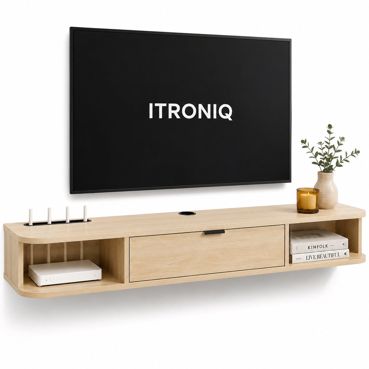 ITRONIQ TV Meubel Hangend 120 CM – Zwevend TV Meubel Met Klepdeur – Modern Wandmeubel Met Kabelmanagement – Licht Eiken Hout