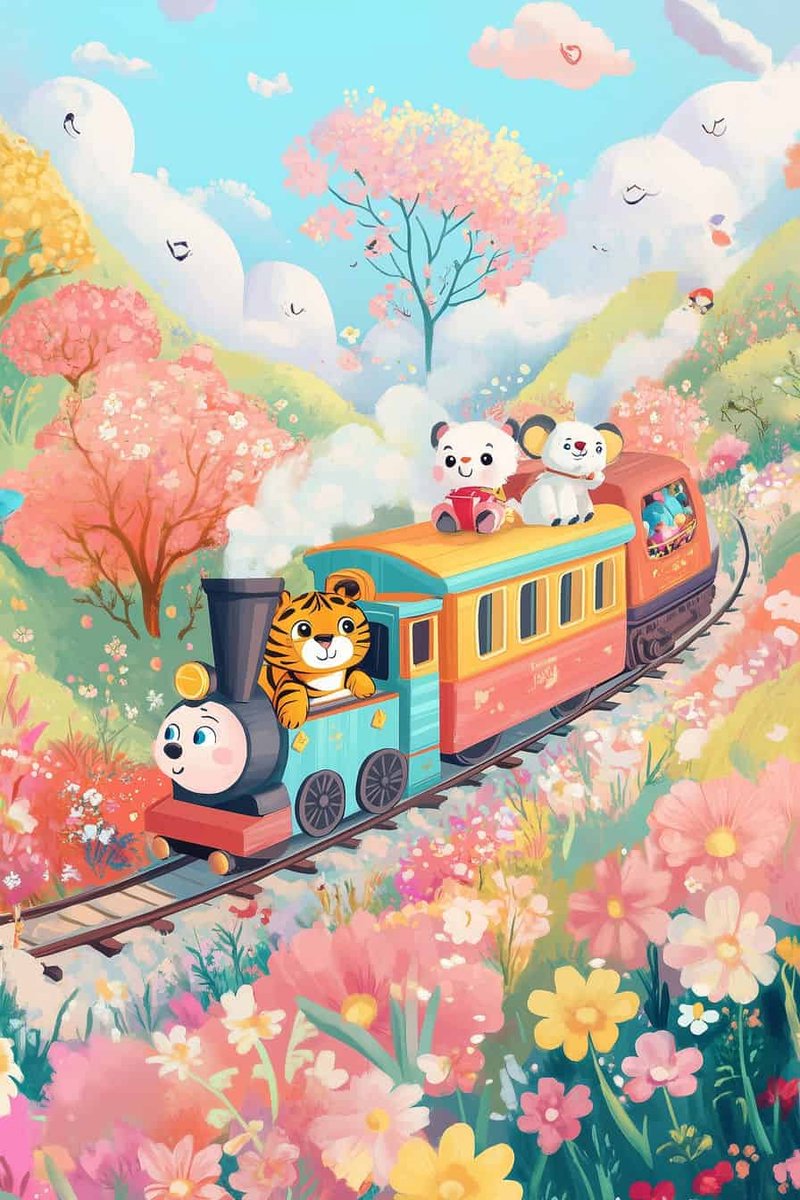 Trein Poster - Dieren - Natuur - Avontuur - Speels - Kinderkamer - Kinder - posters - formaat 70x100cm - Wanddecoratie - L4078