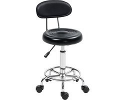 Rolkruk met leuning, zwart, draaibare kruk met wieltjes, bureaustoel, draaistoel, make-upkruk, draaibare kruk voor kantoor, werkplaats, cosmetica, kapsalon, praktijk