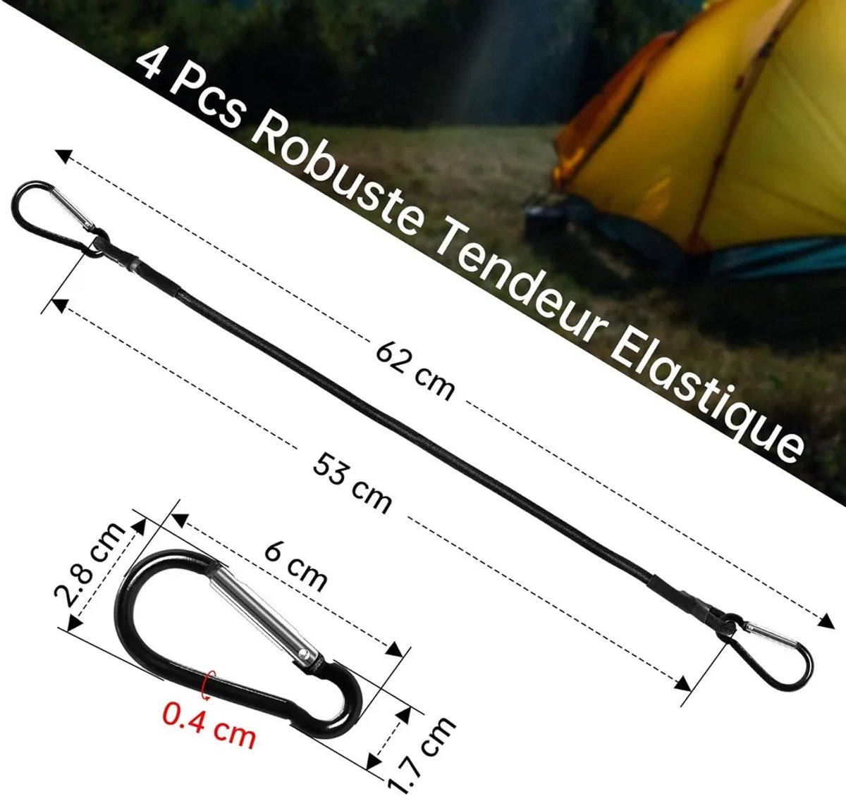 Vier elastische koorden van 60 cm Geschikt voor karabiners, Geschikt voor kamperen, zeilen, bagage, fietsen en auto's.