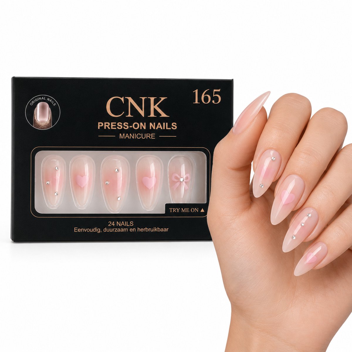 CNK 165 Press On Nails - Plaknagels - 24 Kunstnagels met Nagellijm, 24 Zelfklevende Plakstickers, Cleaner Wipe, Nagelvijl, Woodstick & Size Matcher - Nepnagels voor 7-14 Dagen - Herbruikbare Press-On Nagels - Starterspakket voor Manicure & Nail Art