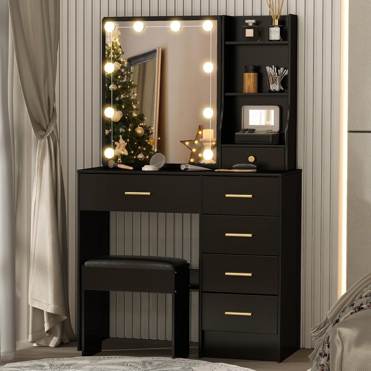 Luxe Zwarte Kaptafel met LED Verlichte Spiegel, 6 Lades en Opbergvakken, Verstelbare Lichtkleuren, Inclusief Krukje, 80 x 36 x 130 cm