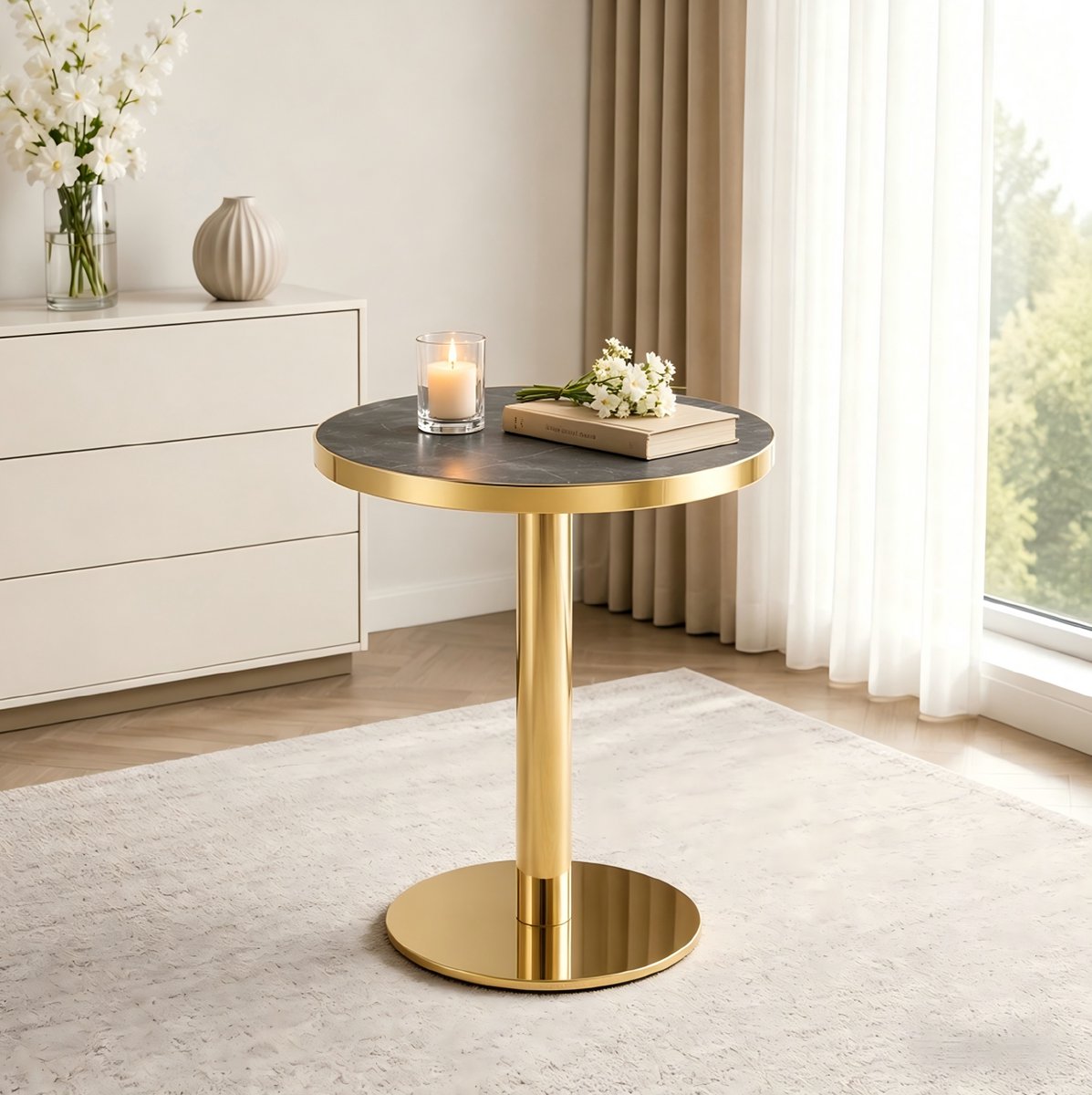 MODFU - Bijzettafel - Rond Marmerlook Blad - Modern - Woonkamer - MDF En RVS - Grijs Goud - 60 Cm
