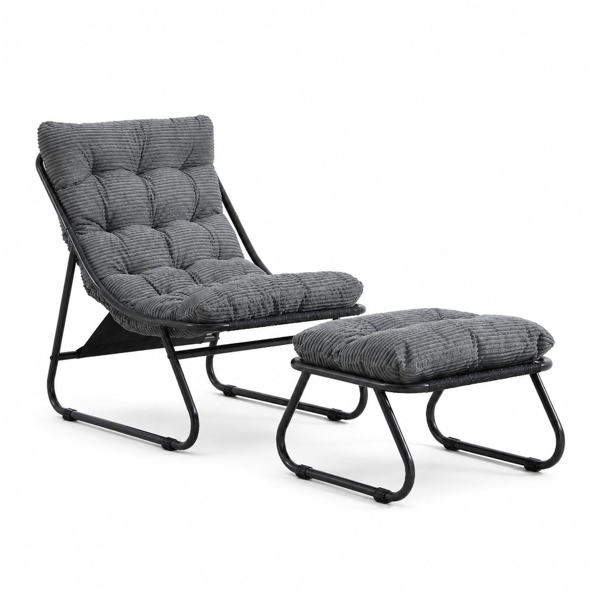 Ropilly Tuinstoel met voetenbank - Loungestoel met grijs kussen - Zacht kussen - Weerbestendig - 130 kg draagvermogen - Binnen en buiten - 65x78x86 cm - Grijs