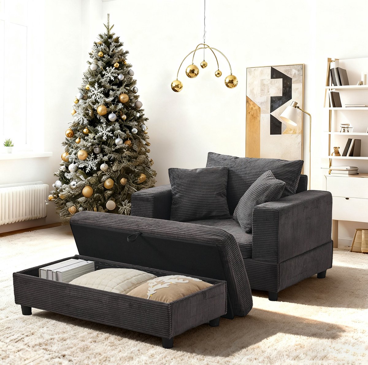 MODFU-Chaise Longue-Opbergruimte-Voetenbank-3 Kussens-Modern-Grijs