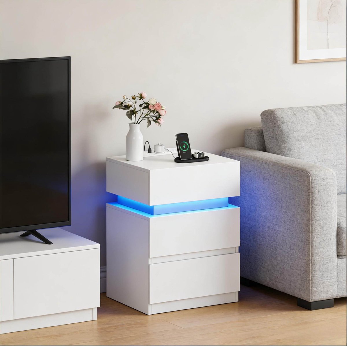 MODFU-Bedtafel-Wit-LED-Oplaadstation-Hout-40 X 35 X 55 Cm