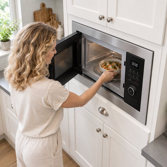 Vrouw met krullend blond haar haalt een schaal met groenten uit de Heinner inbouwmagnetron. De magnetron zit ingebouwd in witte keukenkastjes.