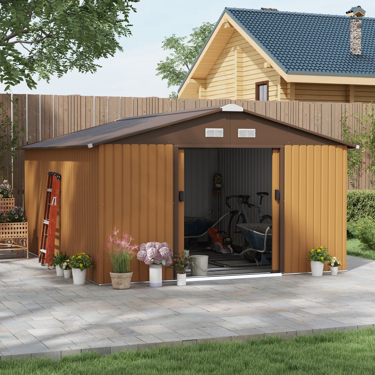 MODFU - Gereedschapsschuur - Met Bodemplaat - Schuifdeuren - Geel - Metaal - 340 X 386 X 200 Cm