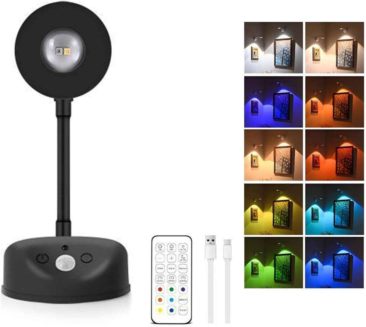 KZQ LED-spot - Wandlamp - Kattenooglamp met sensor - Nachtlampje voor schilderijen - Oplaadbaar - Met afstandsbediening - 2000 mAh - 7 kleuren - 3 kleurtemperaturen - 360° draaibaar - Zelfklevend - Zwart