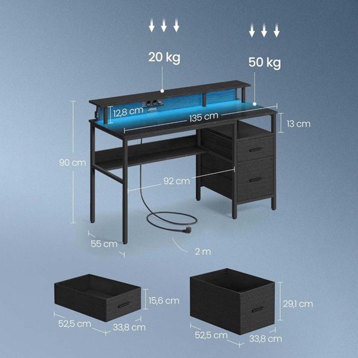 Bureau Computerbureau Zwart 55 x 135 x 90 cm, Bureau met Stopcontacten en USB, Monitorstandaard, LED Verlichting, Opbergruimte, Lades, Gaming Bureau, Thuiswerkplek, Schrijftafel, Metalen Frame, Multifunctioneel, Kantoor, Slaapkamer thumbnail 2