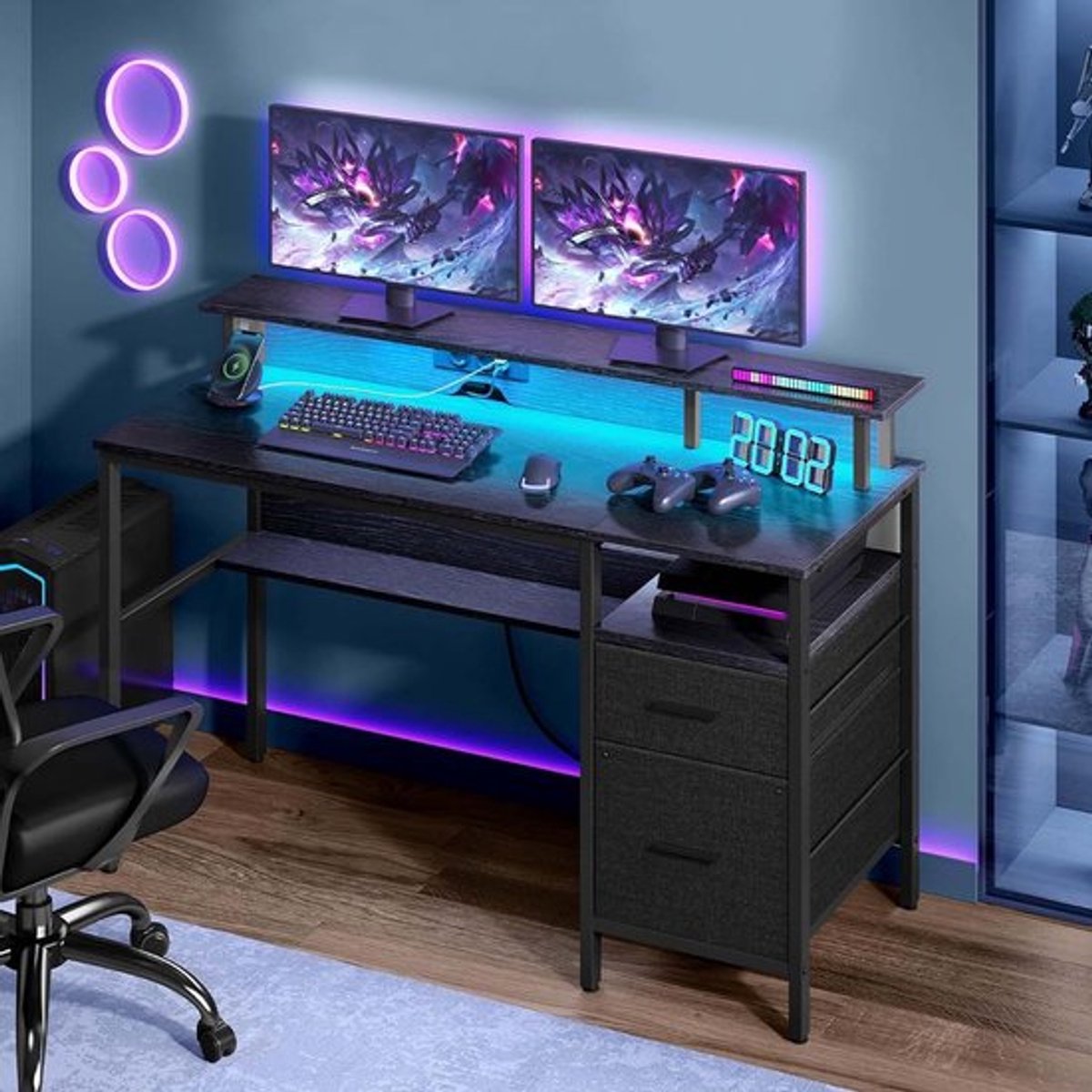 Bureau Computerbureau Zwart 55 x 135 x 90 cm, Bureau met Stopcontacten en USB, Monitorstandaard, LED Verlichting, Opbergruimte, Lades, Gaming Bureau, Thuiswerkplek, Schrijftafel, Metalen Frame, Multifunctioneel, Kantoor, Slaapkamer thumbnail 4