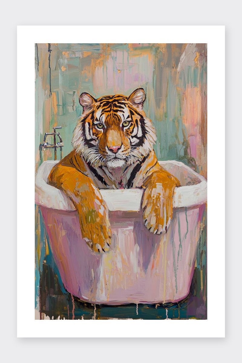 Tijger Poster - Badkuip - Kat - Humoristisch - Dieren - Krachtige - Stijlvolle - posters - formaat 30x40cm - Wanddecoratie - BXS4978AZ - Met kader - passe-partouts stijl