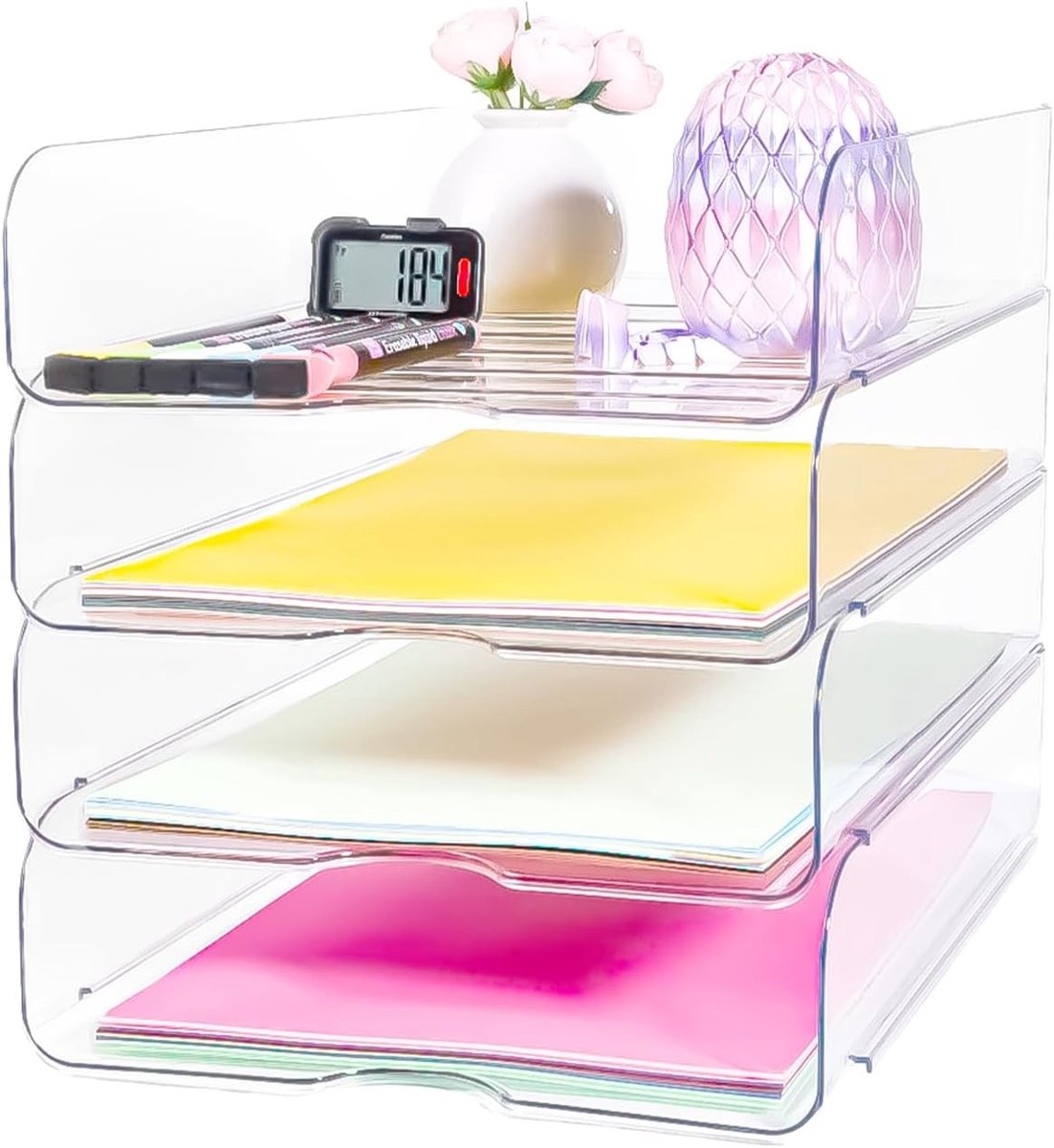 Stapelenbare Desk File Organizer voor Documenten, A4-papier, Notities en Boeken - 4 Stuks Verticale Opbergers voor een Georganiseerde Werkplek