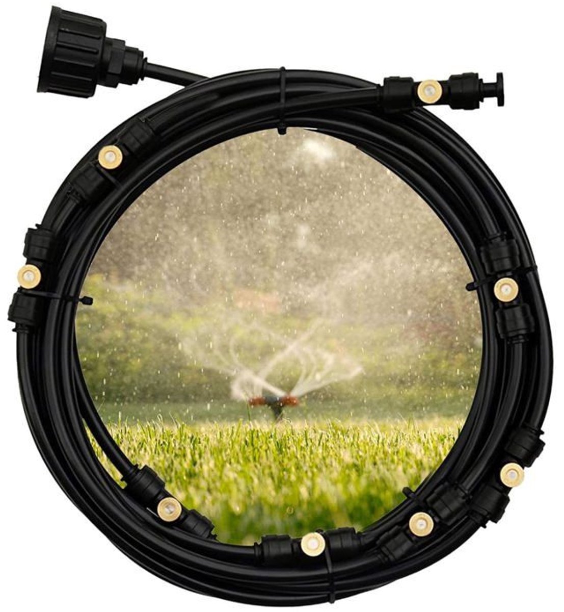 Vernevelingssysteem voor terrassen met een sproeibereik van 8 meter en 8 sproeikoppen, geschikt voor koelsystemen op terrassen, in tuinen en in kassen.