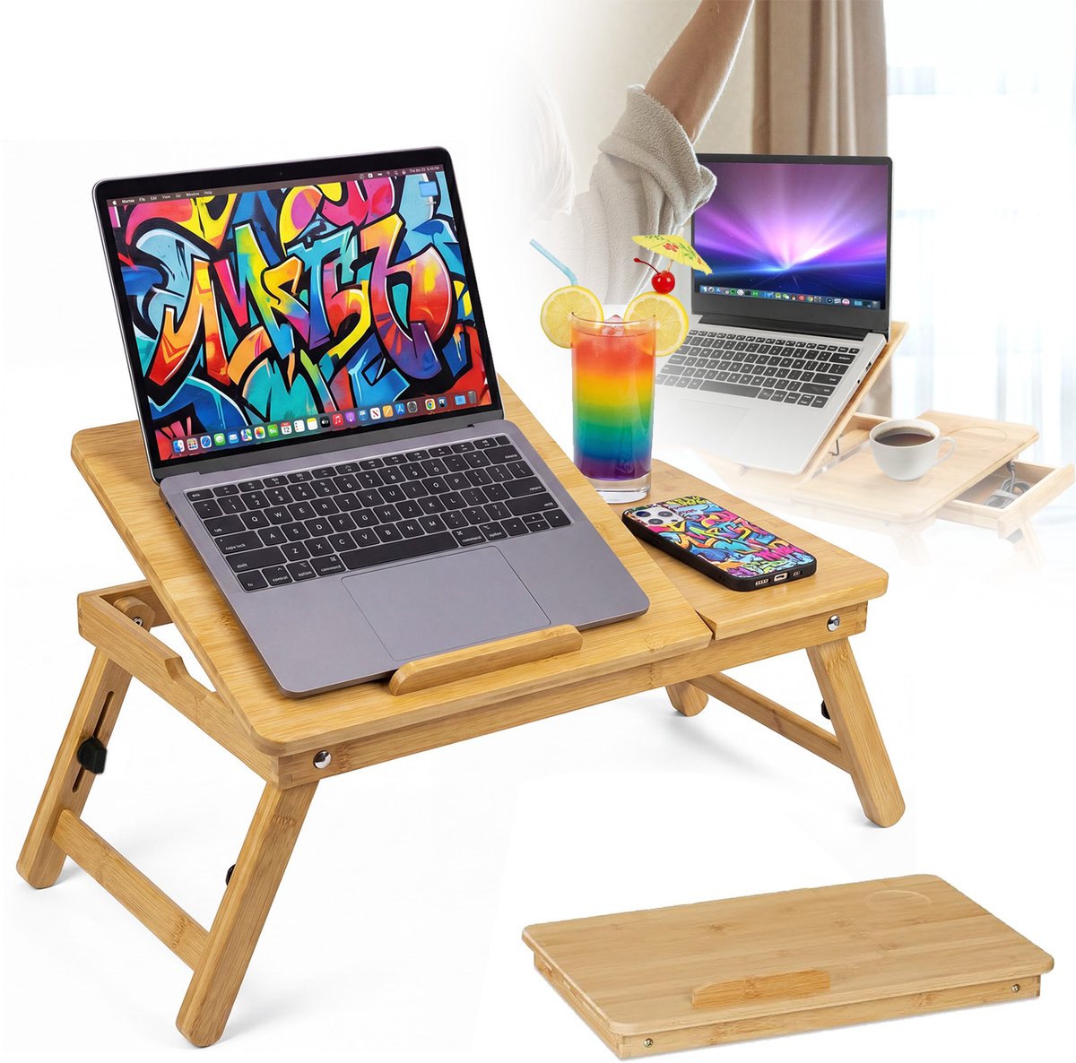 Bamboe Laptoptafel - Multifunctionele Laptoptafel Voor Op Bed - Ontbijtdienblad - In Hoogte Verstelbare Opklapbare Poten