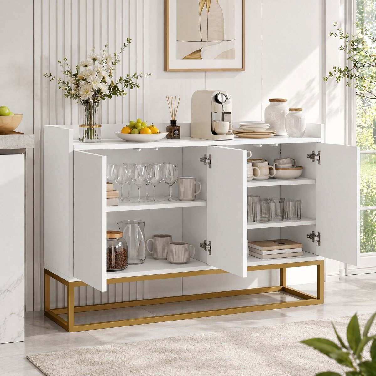 COVREO Sideboard 120x30x80 cm wit - 4 deuren grifflos - minimalistische stijl - opbergkast voor eetkamer, woonkamer of keuken