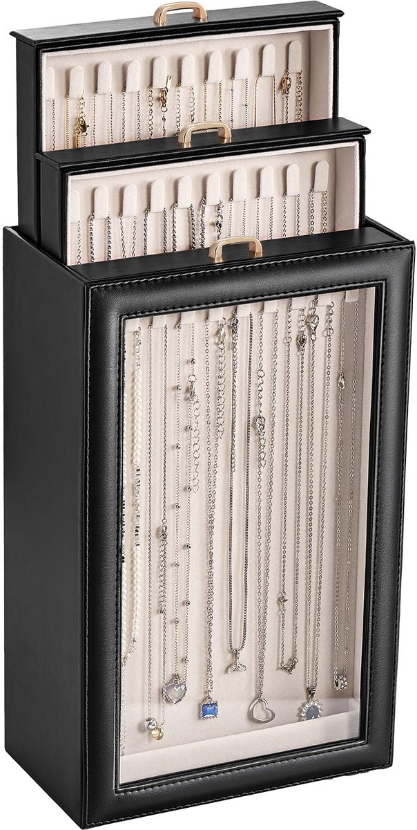 Sieraden organizer 3 lagen met transparant deksel juwelendoos voor kettingen en armbanden zwart fluweel 33 cm