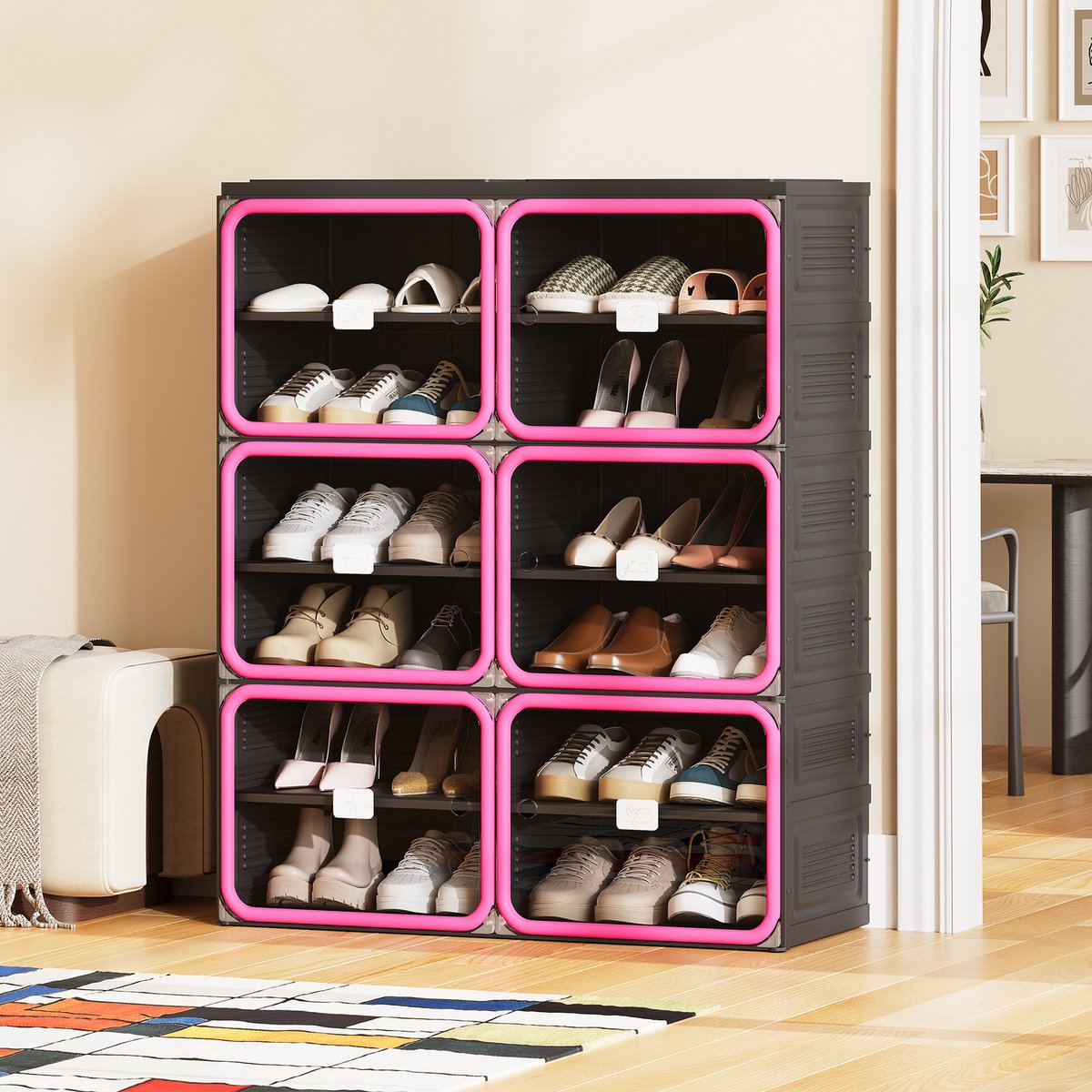 Zwart-roze opvouwbare schoenenkast 2 kolommen, 6 lagen, 85 x 33,5 x 104,3 cm met transparante PET-deuren