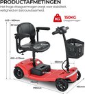 Gedetailleerde tekening van rode scootmobiel met afmetingen, max. belasting 150kg