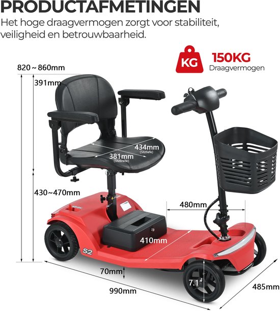 Gedetailleerde tekening van rode scootmobiel met afmetingen, max. belasting 150kg