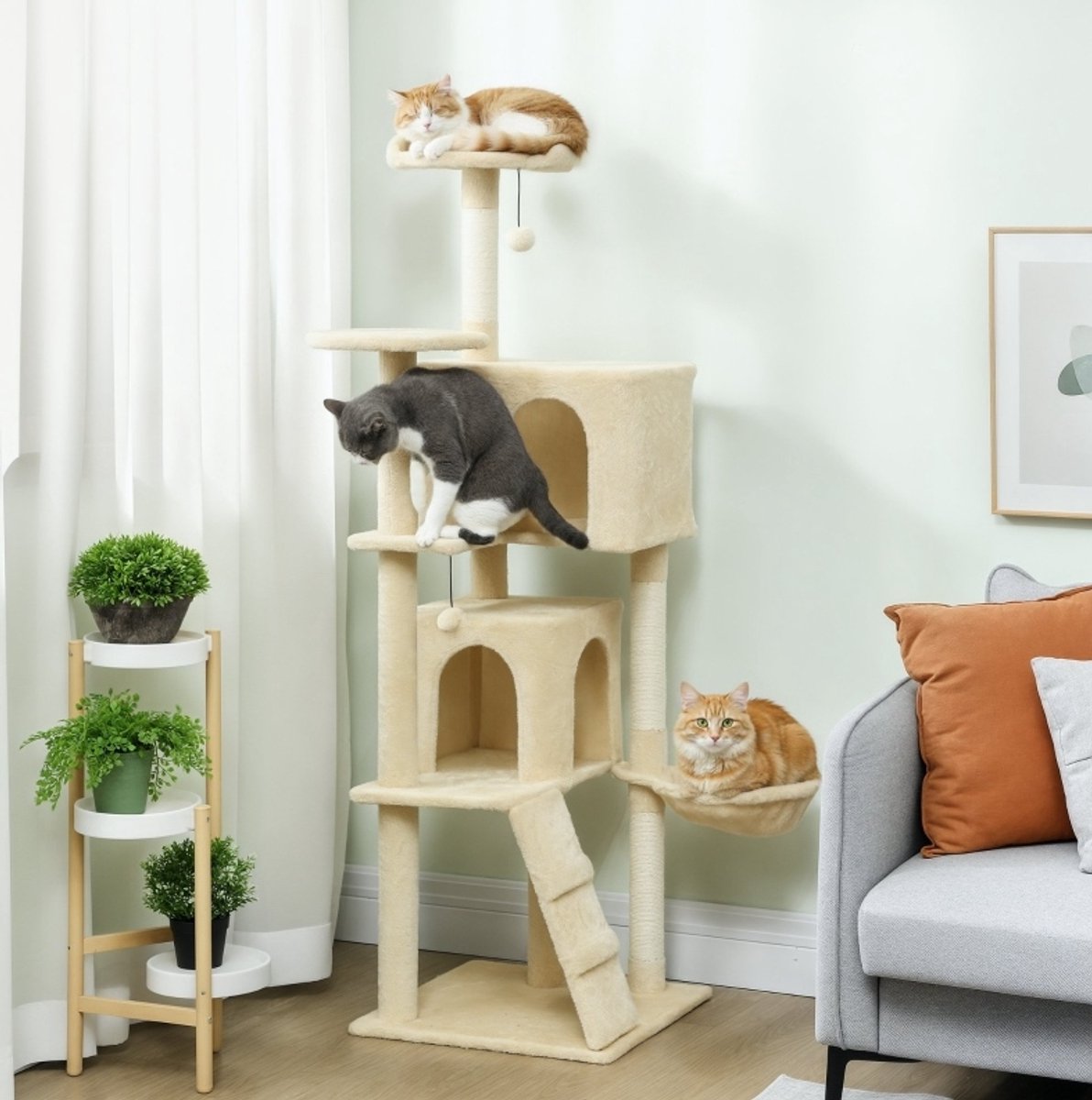 MODFU - Krabpaal - 160 Cm - Met Hangmat En Huisje - Met Ladder - Sisal - Beige
