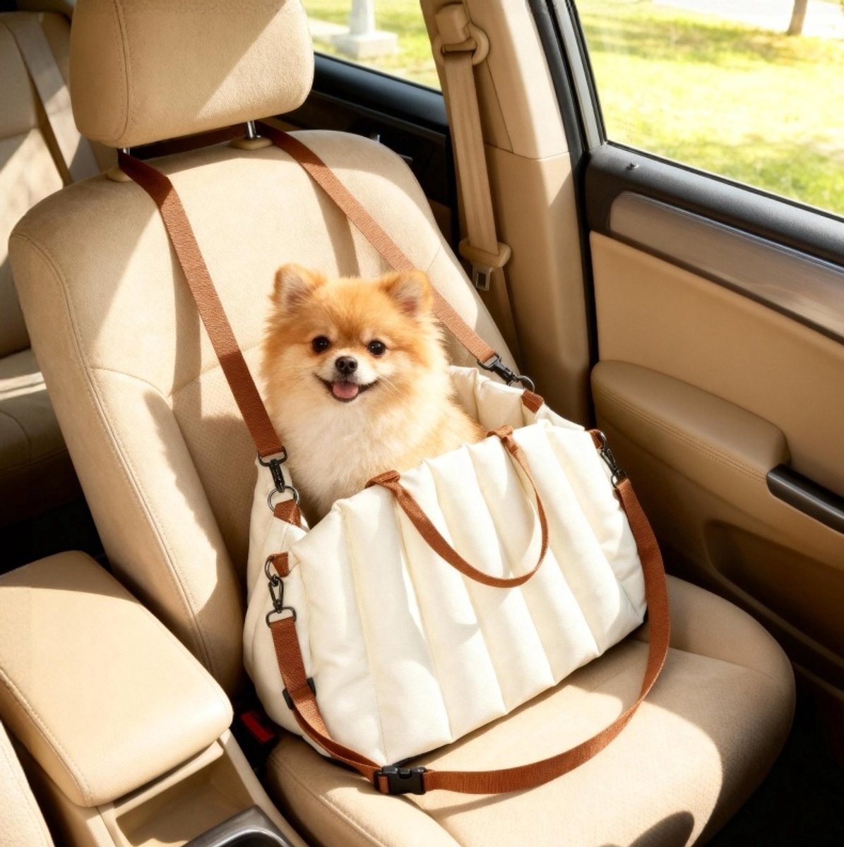 MODFU - Honden Autostoel - Draagtas - Voor Honden Onder 5 Kg - Oxford Stof - Cremewit