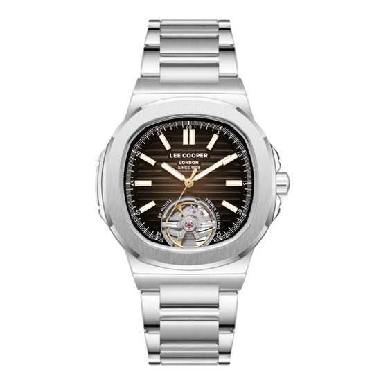 Zilverkleurig herenhorloge van Lee Cooper met een bruine wijzerplaat en zilverkleurige band. Het horloge heeft een open hart wijzerplaat.