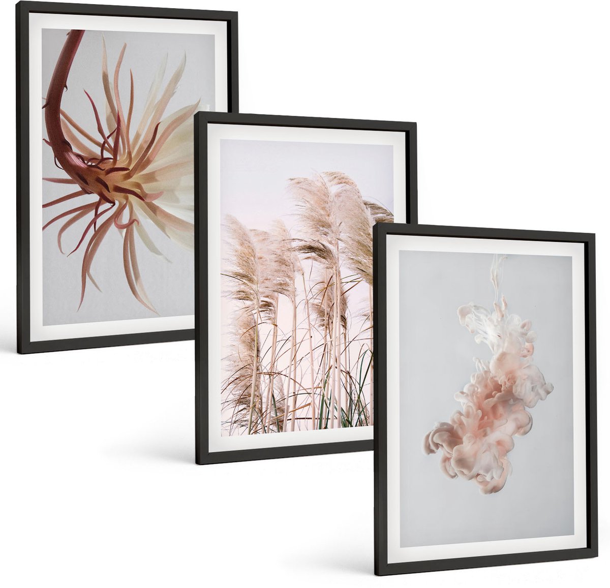Coloray 3-Delige Schilderij Set - Bloemen En Grassen Op Een Lichte Achtergrond In Een Harmonieus Geheel. - 40 x 60 cm - Stijlvolle Muurdecoratie - Kantoor - Woonkamer Decoratie