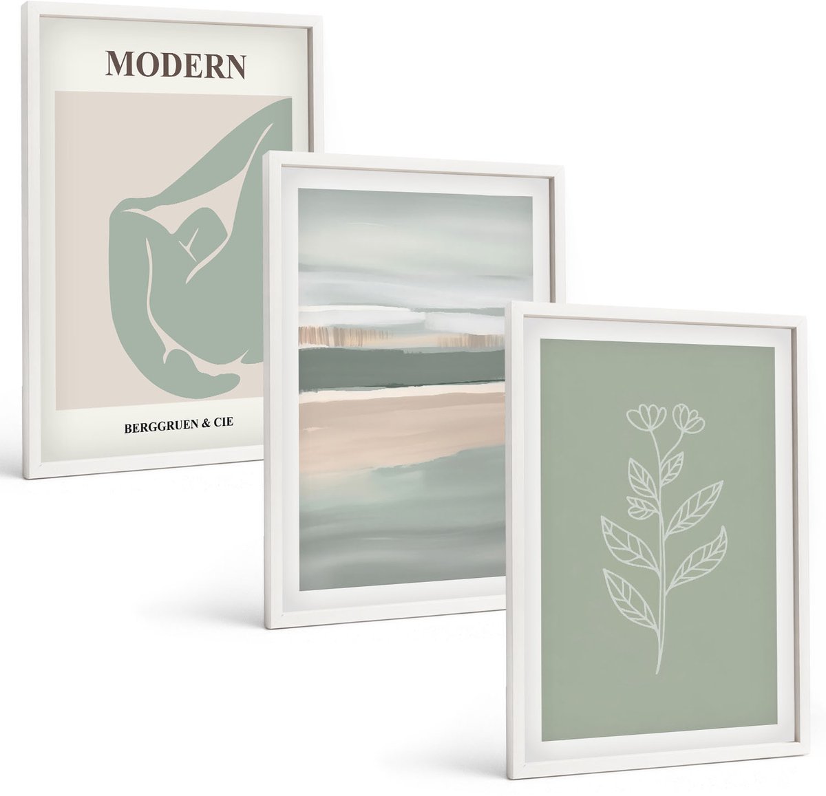 Coloray 3-Delige Schilderij Set - Abstracte Vormen In Pasteltinten Met Planten - 40 x 60 - Schilderijen Set - Wanddecoratie - Woonkamer - Moderne Wanddecoratie