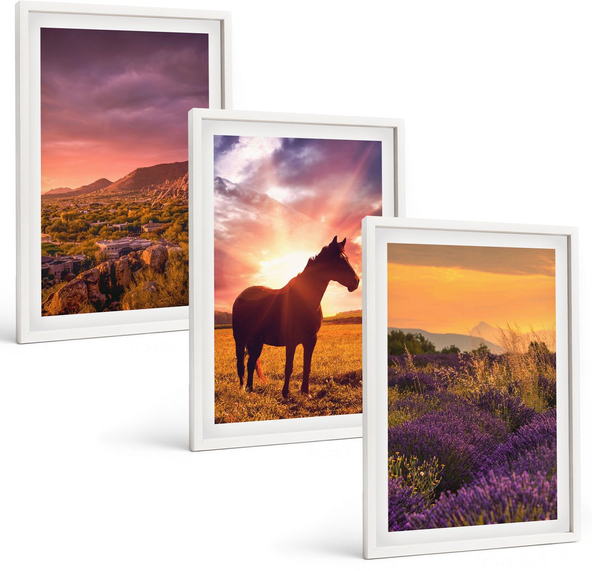 Coloray 3-Delige Schilderij Set - Berglandschappen Met Paarden En Lavendelvelden - 40 x 60 - Muurdecoratie - Interieur Decoratie - Stijlvolle Muurdecoratie