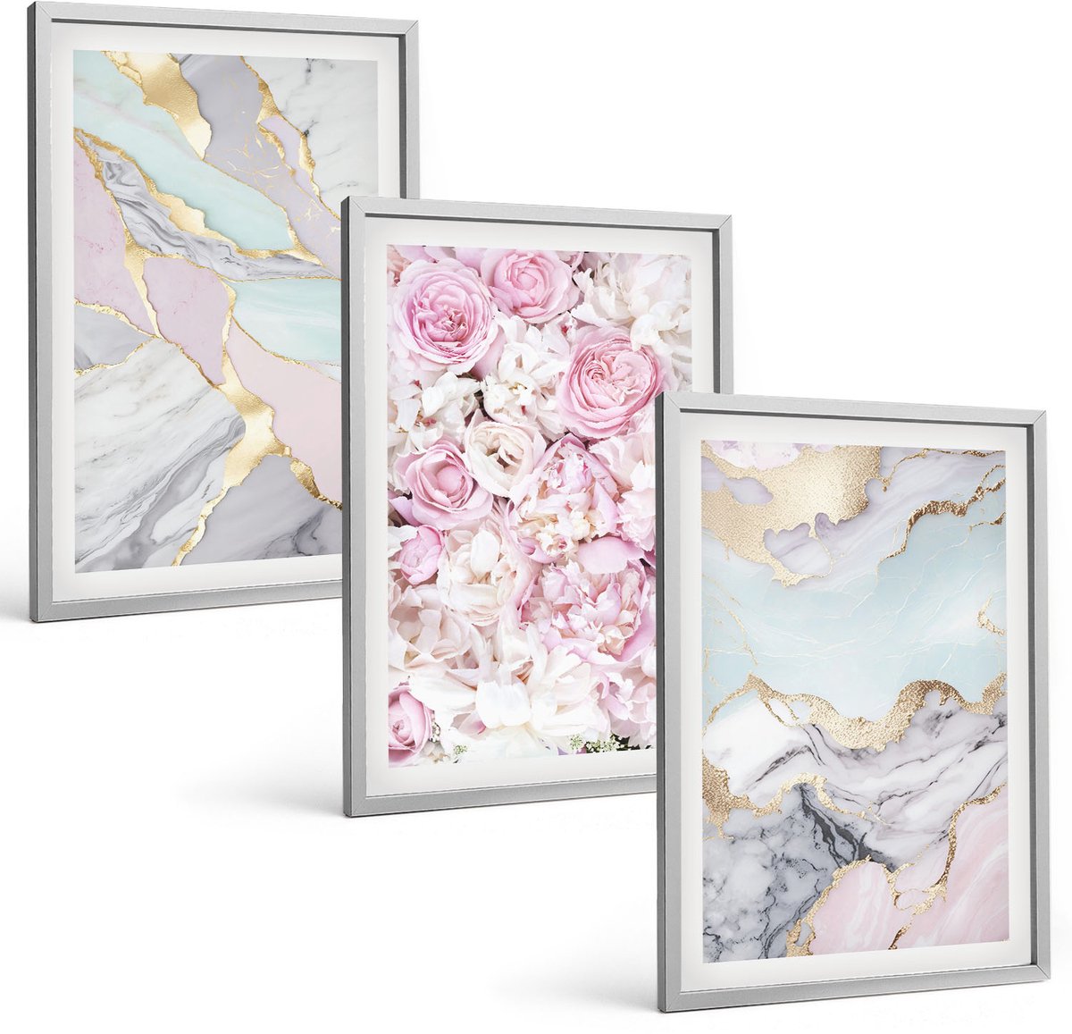 Coloray 3-Delige Schilderij Set - Roze Bloemen Met Marmer- En Pastelpatronen - 40 x 60 cm - Moderne Wanddecoratie - Slaapkamer - Stijlvolle Muurdecoratie