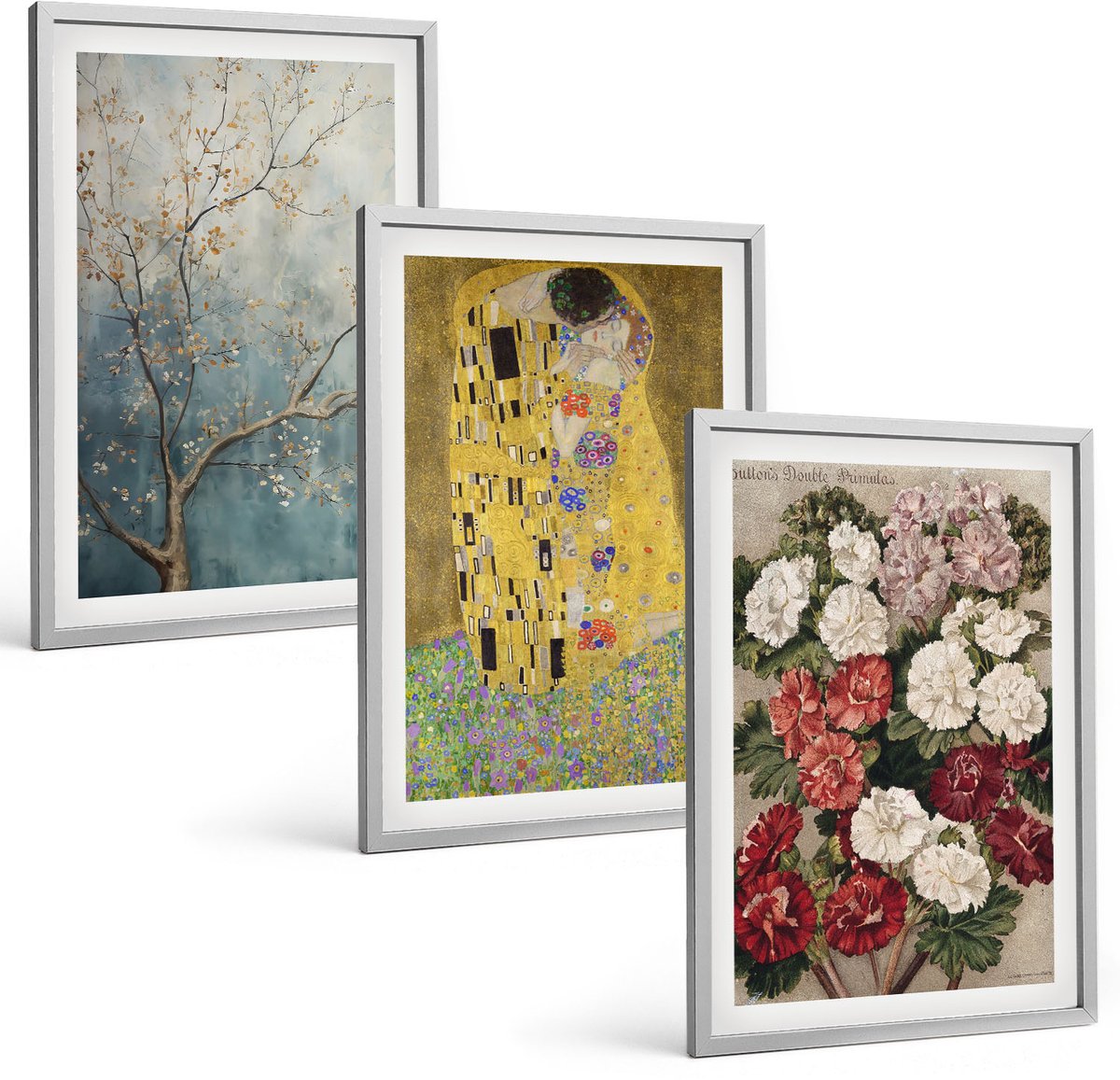 Coloray 3-Delige Schilderij Set - Bloemen En Bomen In De Schilderstijl Van De Kus Van Gustav Klimt. - 40 x 60 cm - Wanddecoratie - Muurdecoratie - Woonkamer - Moderne Wanddecoratie Zilveren lijst