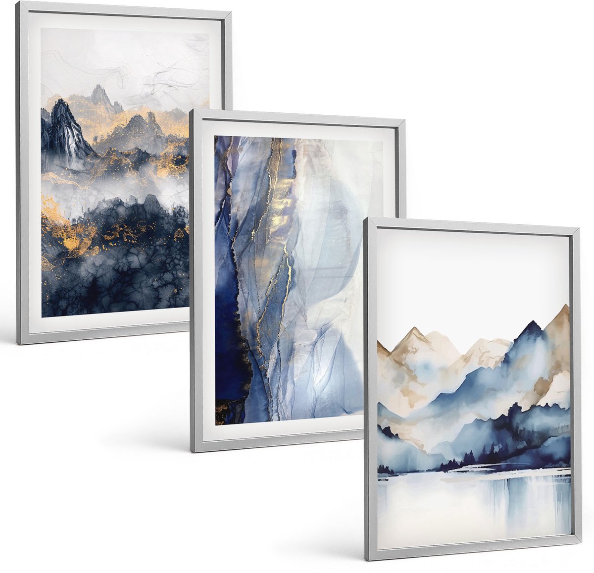 Coloray 3-Delige Schilderij Set - Berglandschappen Met Blauwe En Grijze Tinten - 40 x 60 cm - Muurdecoratie - Interieur Decoratie - Moderne Wanddecoratie