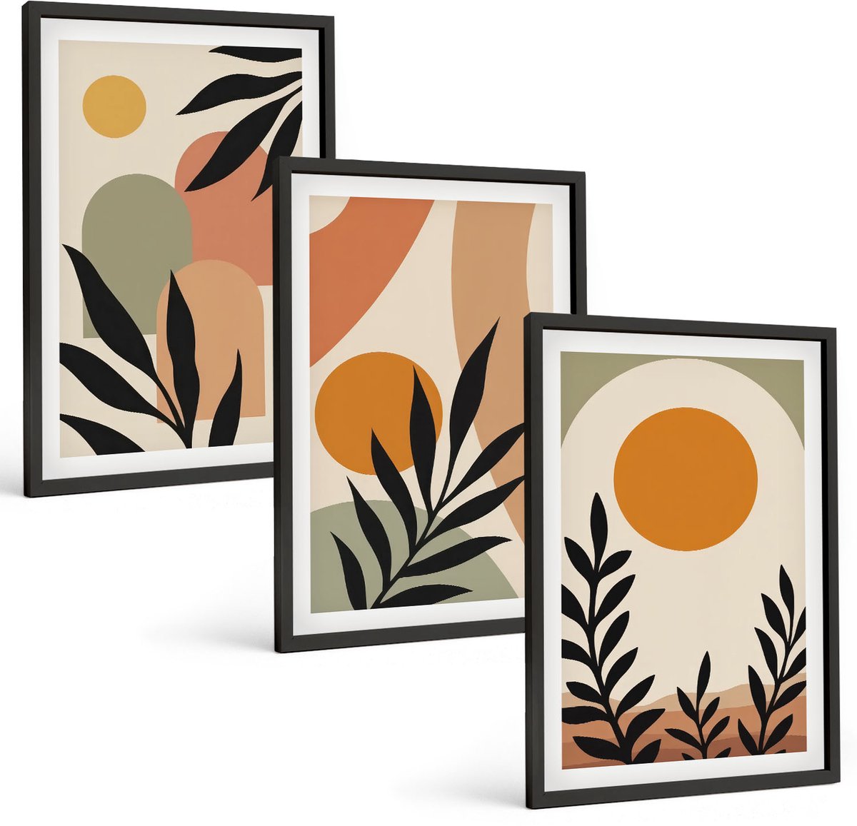 Coloray 3-Delige Schilderij Set - Abstracte Vormen En Plantmotieven In Warme Kleuren. - 40 x 60 cm - Stijlvolle Wanddecoratie - Interieur