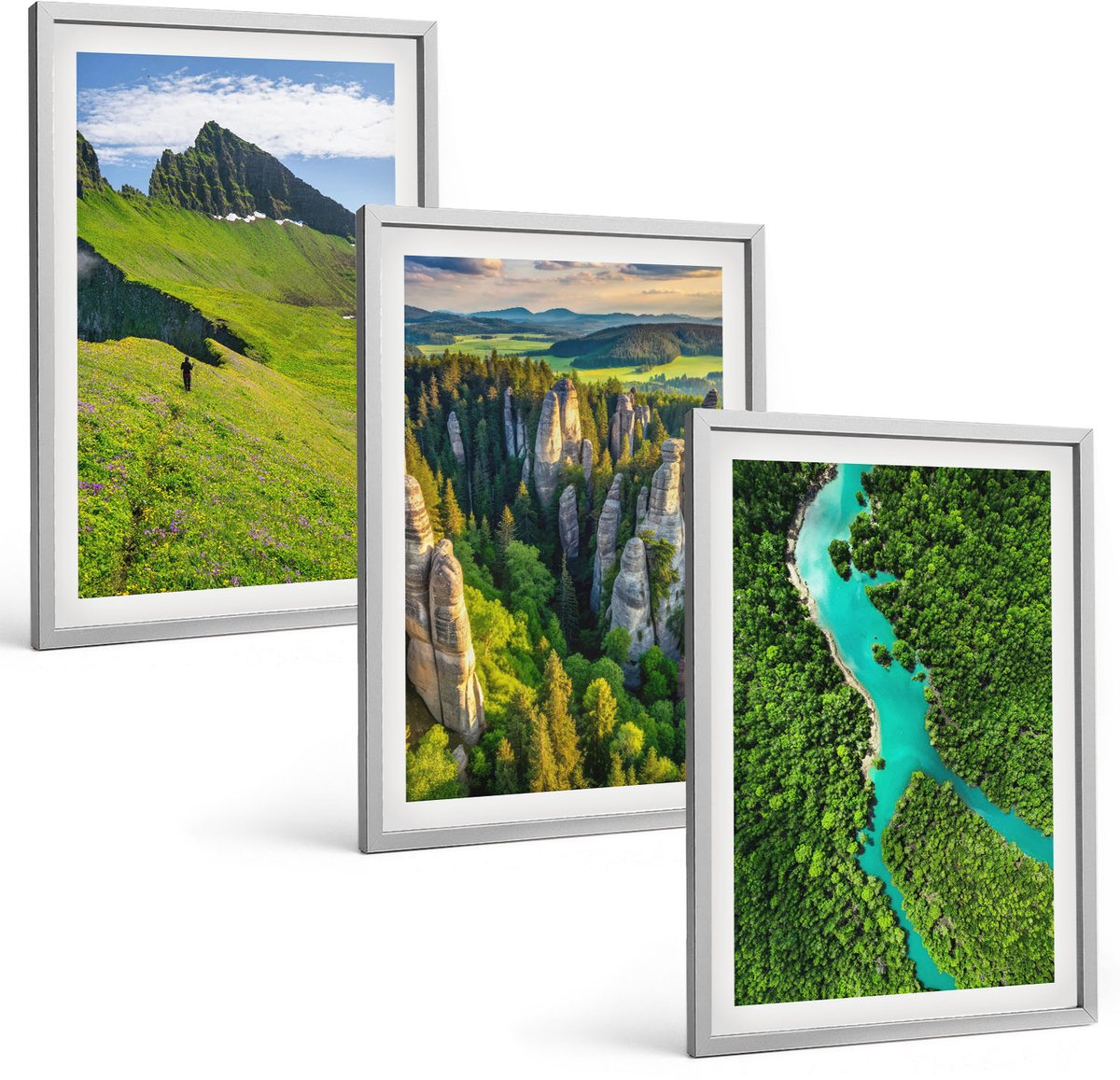 Coloray 3-Delige Schilderij Set - Groene Berglandschappen Met Rivier En Rotsen - 40 x 60 cm - Stijlvolle Wanddecoratie - Interieur - Decoratieve Schilderijen