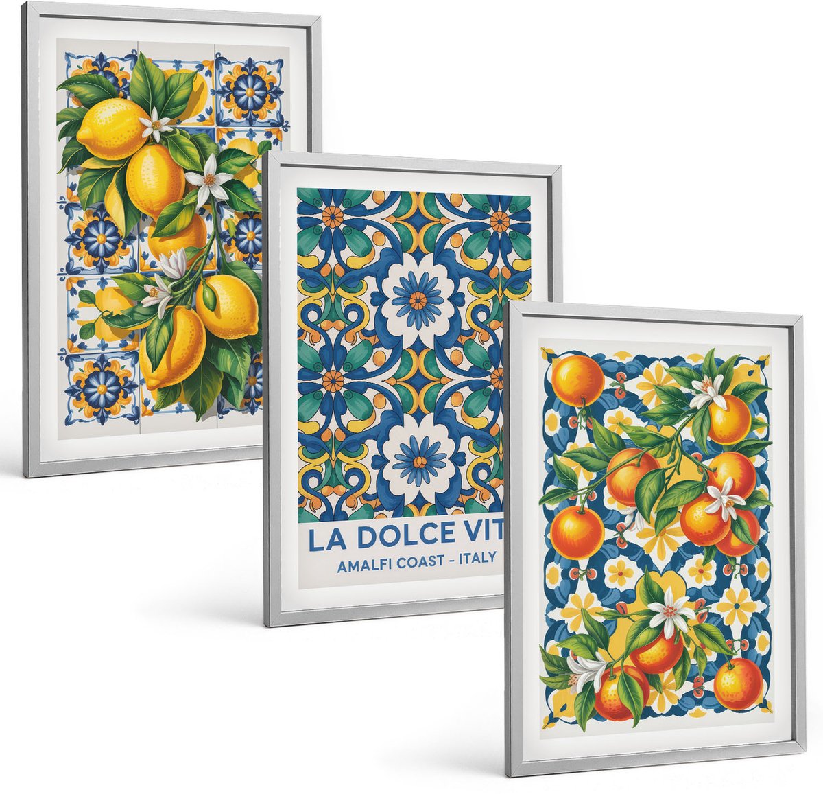 Coloray 3-Delige Schilderij Set - Posters Met Citrusvruchten En Kleurrijke Abstracte Patronen - 40 x 60 cm - Muurdecoratie - Decoratieve Schilderijen - Wohnzimmer - Stijlvolle Muurdecoratie