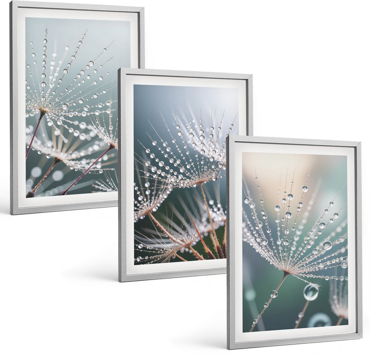 Coloray 3-Delige Schilderij Set - Waterdruppels Op De Tere Scheuten Van Paardenbloemen - 40 x 60 cm - Muurdecoratie - Schilderijen Set - Woonkamer - Decoratieve Schilderijen