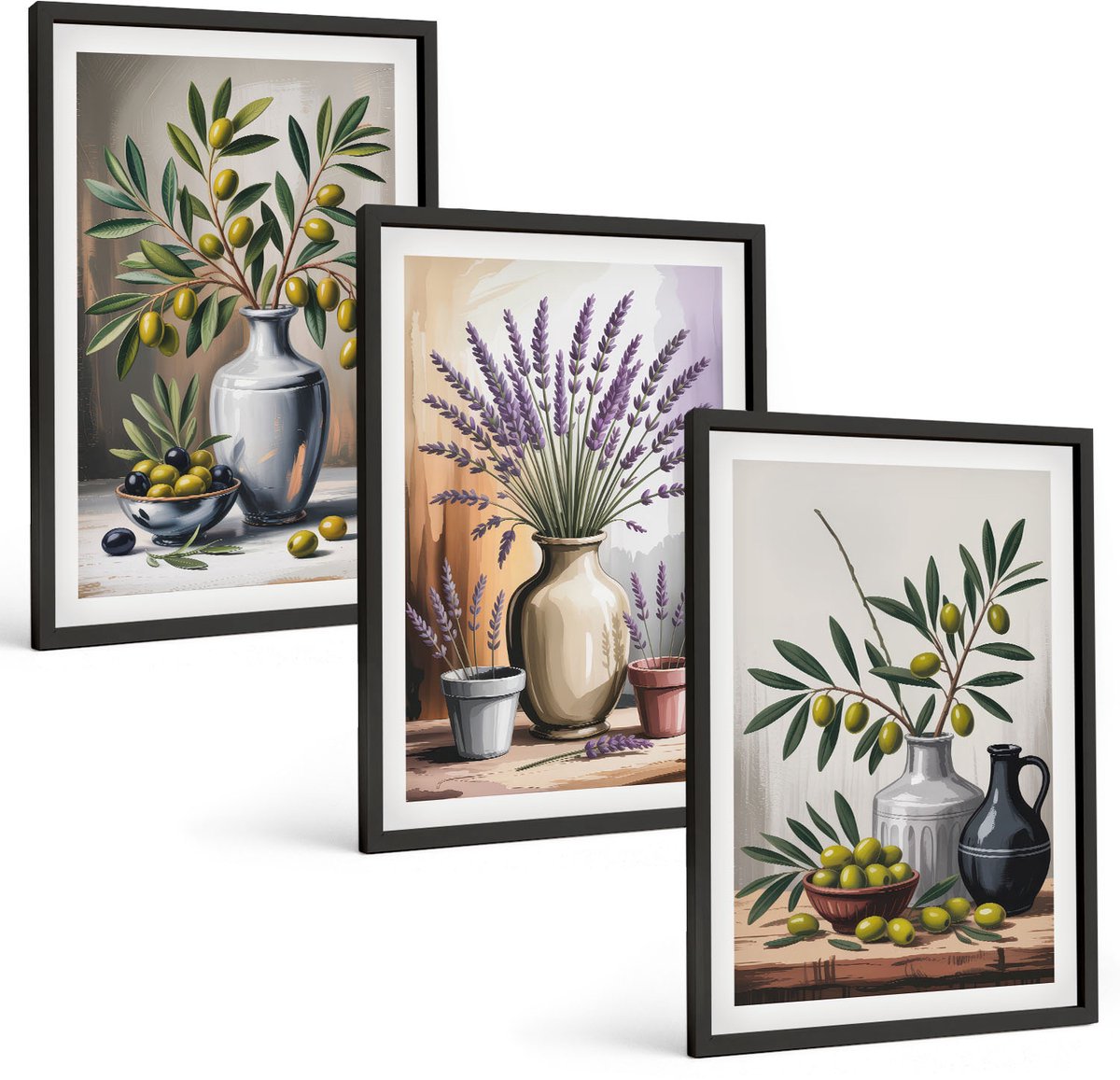 Coloray 3-Delige Schilderij Set - Bloemen En Olijven In Vazen ​​Op Een Lichte Achtergrond - 40 x 60 cm - Decoratieve Schilderijen - Woonkamer - Interieur - Wanddecoratie