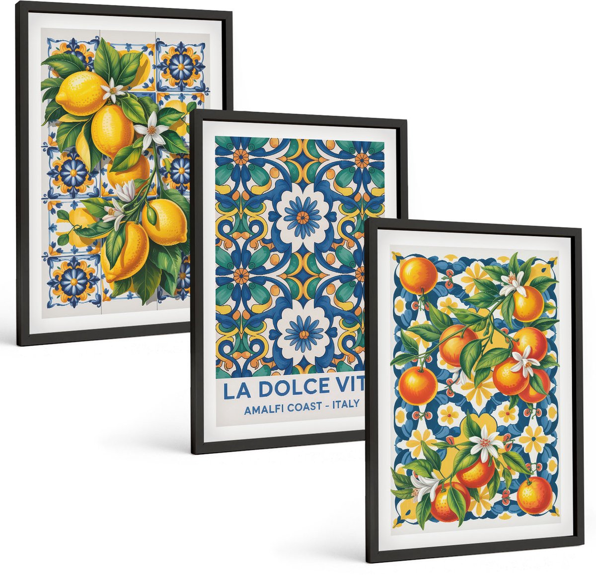 Coloray 3-Delige Schilderij Set - Posters Met Citrusvruchten En Kleurrijke Abstracte Patronen - 40 x 60 cm - Muurdecoratie - Decoratieve Schilderijen - Wohnzimmer - Wanddecoratie