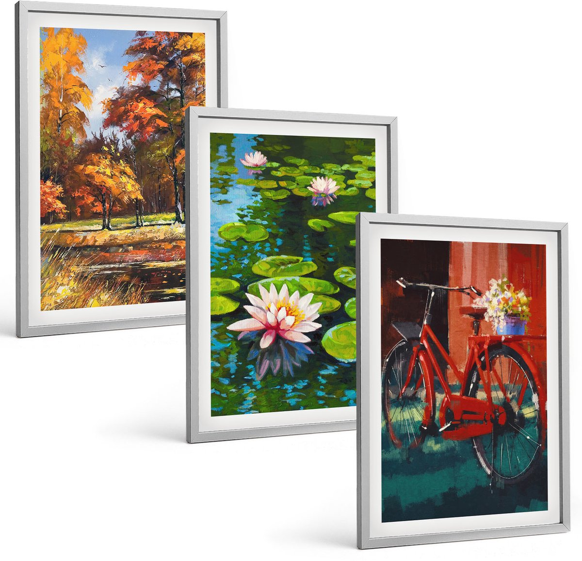 Coloray 3-Delige Schilderij Set - Herfstkleuren, Lelievijver, Fietsen Op Het Terras - 40 x 60 cm - Wanddecoratie - Schilderijen Set - Interieur - Woonkamer Decoratie