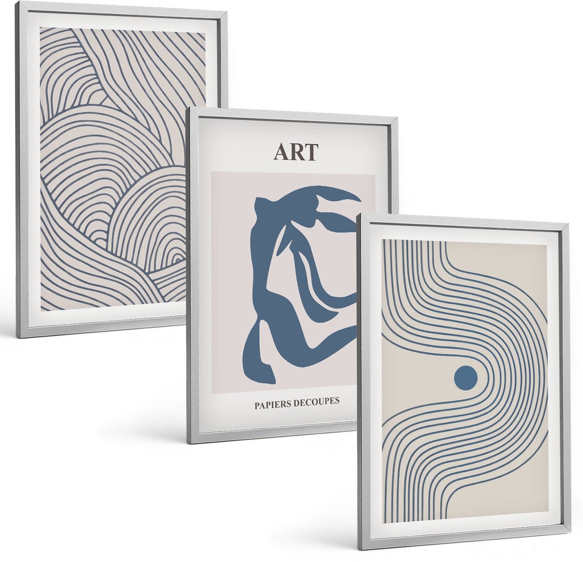 Coloray 3-Delige Schilderij Set - Abstracte Patronen Van Lijnen En Vormen In Blauwe Tinten - 40 x 60 cm - Wanddecoratie - Muurdecoratie - Moderne Interieurdecoratie - Stijlvolle Muurdecoratie
