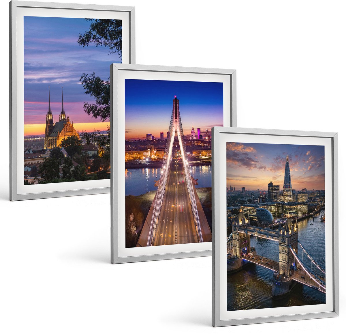 Coloray 3-Delige Schilderij Set - Stadsgezichten Met Bruggen En Zonsondergangen - 40 x 60 cm - Wanddecoratie - Schilderijen Set - Kantoor - Stijlvolle Muurdecoratie