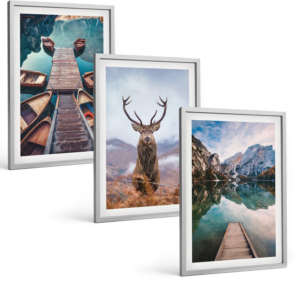 Coloray 3-Delige Schilderij Set - Meer Met Boten, Herten En Berglandschap - 40 x 60 cm - Schilderijen Set - Wanddecoratie - Woonkamer - Interieur Decoratie