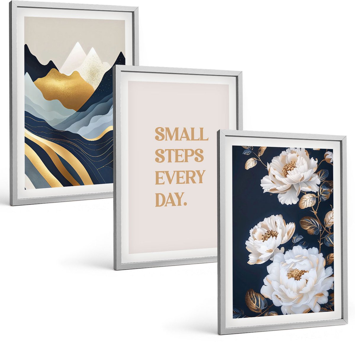 Coloray 3-Delige Schilderij Set - Abstracte Bergen, Bloemen En Inspirerende Letters - 40 x 60 cm - Decoratieve Schilderijen - Woonkamer - Interieur - Muurdecoratie