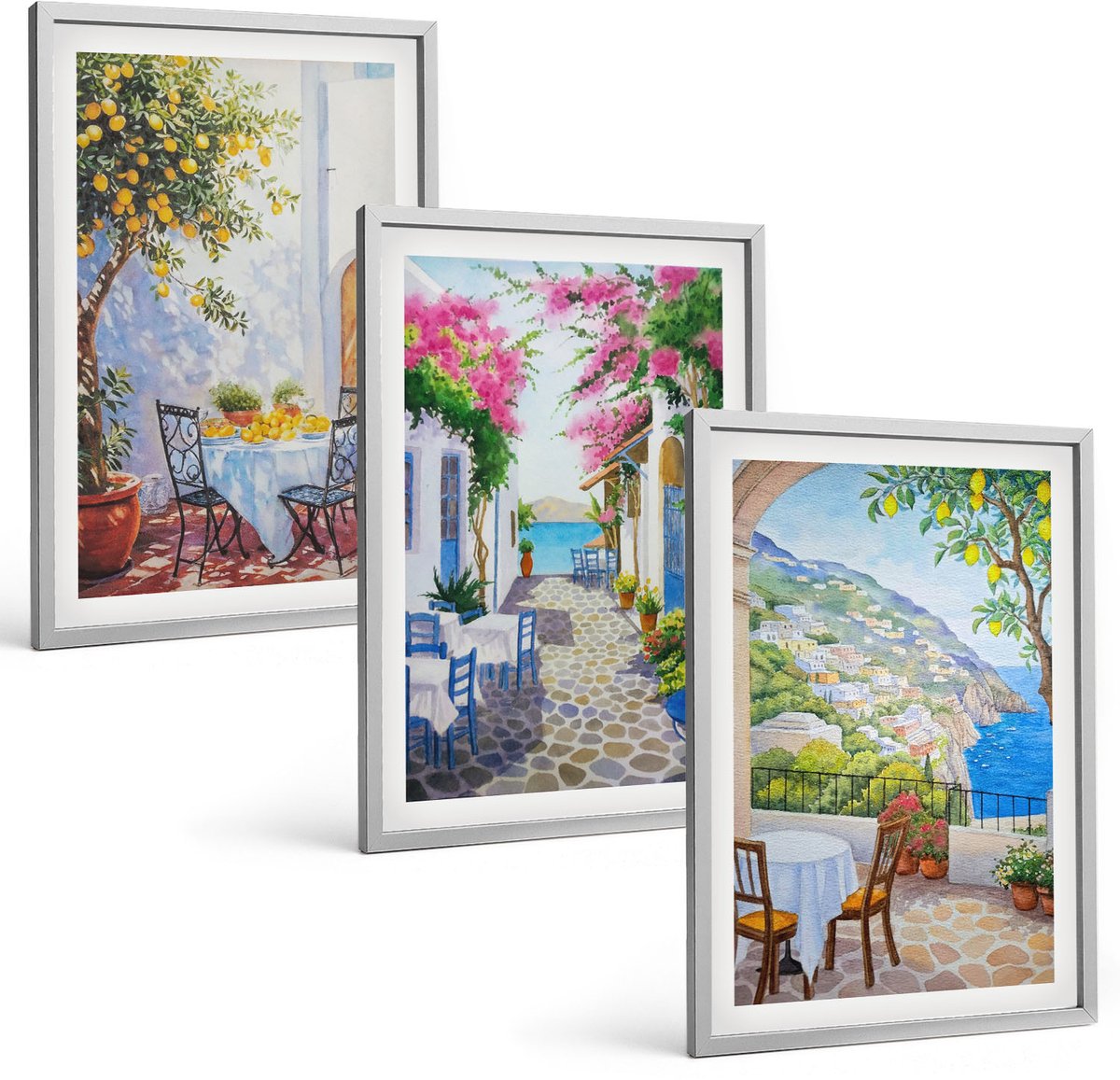 Coloray 3-Delige Schilderij Set - Sfeervolle Straatjes Met Bloeiende Planten En Uitzicht Op Zee. - 40 x 60 cm - Moderne Wanddecoratie - Slaapkamer
