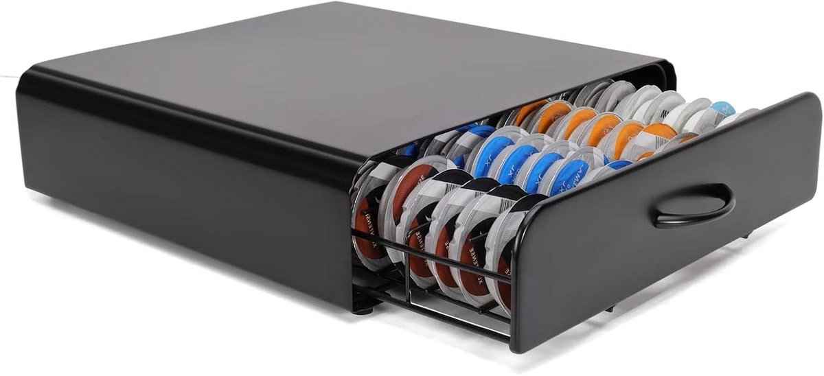 Koffiecup houder - Opbergbox lade - Keuken organiseren - Metal design - 64 cups - Zwart